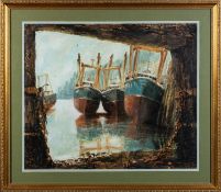 *Anthony Amos (British, 1950-2010) - Three trawlers tied up alongside - Oil on card - 59.5 x 70.