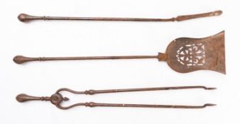 Two sets of George III steel fire irons, circa 1800; each comprising shovel,