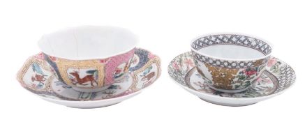 A Chinese famille rose teabowl and saucer and one similar, Yongzheng the first of petal shape,
