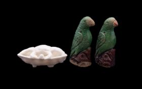 A pair of Chinese miniature biscuit figures of parrots and a blanc-de-chine water pot in the form