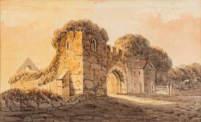 John Laporte (British, 1761-1839) - Castle entrance at sunset - Watercolour - 13.5 x 22cm - 31 x 38.