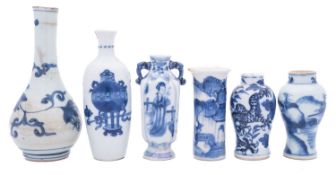 A group of six small Chinese blue and white vases,
