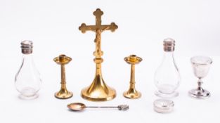 A cased brass and glass travelling Communion set, mid 20th century; by AR Mowbray & Co.
