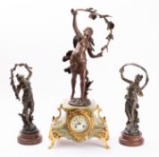 A French spelter and onyx figural clock garniture, signed Moreau,