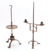 A wrought iron adjustable twin light candelabrum,