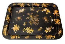 A Regency black lacquered and parcel gilt rectangular tray,