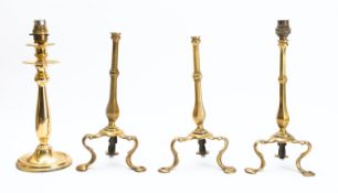 A set of three brass 'Pullman lamps' in Arts & Crafts style, designed by W.A.S.