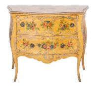 A Continental cream lacquer and decorated bombe commode, of serpentine outline,
