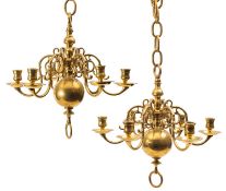 A pair of brass six light chandeliers in Anglo-Dutch early 18th century style,