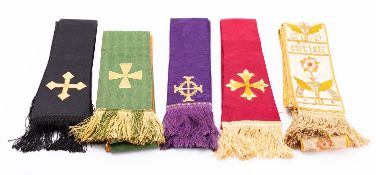 A group of five fine embroidered and applique worked silk ecclesiastical stoles,