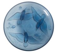 A Verlys blue glass dish, of circular form the exterior moulded with Kingfishes and fish,