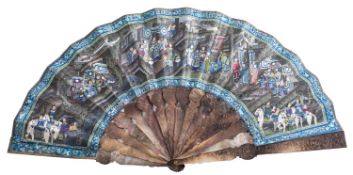 A Chinese Canton painted and carved mother of pearl fan, Qing dynasty,