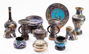 A mixed lot of Chinese and Japanese cloisonne and champleve enamel together with a Chinese brass