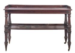 A Regency mahogany rectangular two tier dumb waiter, with a three quarter ledge gallery,