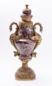 A rouge marble and gilt bronze mounted twin handled urn fitted as a table lamp,