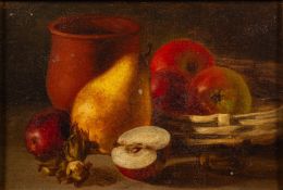 Early 20th Century School - Still life with apples and a pear - Oil on board - 16 x 25cm - 32 x