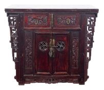 A Chinese stained elm side cabinet.