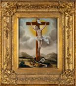 A Chinese reverse glass painting of The Crucifixion depicting Christ on the cross,