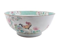 A large Chinese famille rose 'birds' punch bowl, Yongzheng/early Qianlong painted with cockerels,