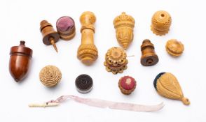 A collection of needlework and sewing accoutrements,