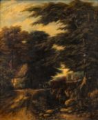 19th Century School - Wooded landscape with a cottage and a church in the distance - Oil on board
