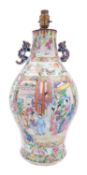A Chinese Canton famille rose vase table lamp, late Qing Dynasty painted with terrace scenes,