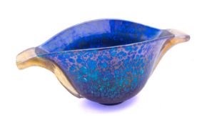 A Loetz 'cobalt papillion' glass bowl of flattened oviform with silberiris handles,