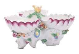 A Plymouth triple-shell sweetmeat stand painted in bright enamels,