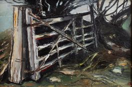 *Anthony Rossiter (British, 1926-2000) - Leaning Gate by River - Oil on board - 24 x 37cm - 35.