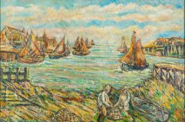Derek Higginson (British, 1930-2020) - Bringing in the day's catch - Oil on canvas - 59.