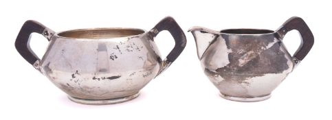 Two modernist design mid 20th century European silver sugar bowl and cream jug by G.T, stamped 900S.