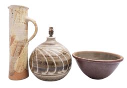 A mixed group of stoneware, comprising a Muchelney Pottery wood fired bowl, 30cm diameter,