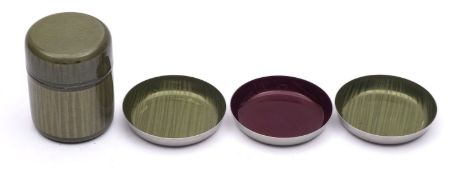 A mid 20th century Cathrineholm, Norway, enamel box and cover and three dishes,