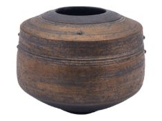 *Jason Wason [b 1946] a raku fired stoneware bowl of squat cylinder form with incised linear bands