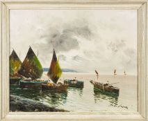 Giuliano de Luca (Italian, 20th century) - Fishing boats in a bay,