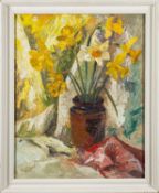 British School, 20th Century - Still life of daffodils - Oil on board - 49 x 39cm - Signed 'P.
