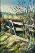 *Anthony Rossiter (British, 1926-2000) - Spring Fence No. 1 - Oil on board - 37.5 x 25cm - 55.