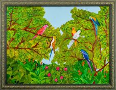 Pecar (Contemporary) - Tropical paradise with parrots amongst trees - Oil on board - 58 x 79cm