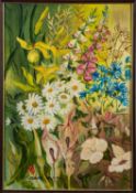 Three 20th Century pictures including Claire Maughan - Still life with yellow tulips - Oil on board