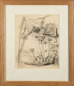 20th Century School - Study of flowers on a meadow - Charcoal sketch - 29 x 24cm - 46 x 40cm framed