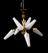 A gilt metal and glass eight light electrolier,