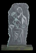 Jenny Clark [Contemporary] 'Be Happy', a stippled engraved glass plaque of a couple dancing,
