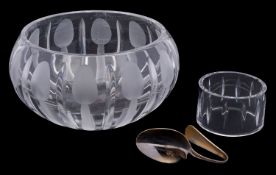 Uri Geller Crystal Collection, a cut glass bowl and stand engraved with a band of spoons,