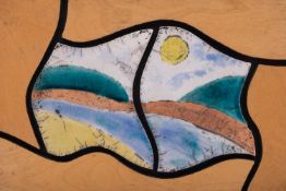 Ruby Sharp [Contemporary] a stoneware landscape plaque, in two asymmetric parts, 23cm wide, framed.