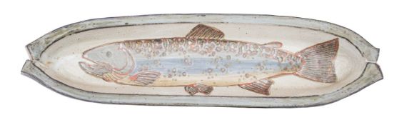 *Colin Kellam [b 1932] a stoneware dish of elongated form decorated with coloured glazes and wax