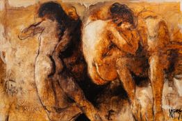 20th Century School - Composition with male and female nudes - Oil on canvas (unframed) - 122 x