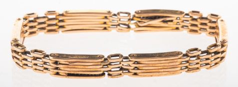 A stretch gate bracelet, marked 15ct, Maguerite, Patent, length approx. 18.0cm, 17.7grams.