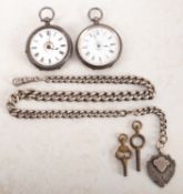 Two silver open-faced pocket watches and silver watch chain both stamped within .