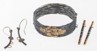 Apostolos. A ruby bangle, ruby & diamond earrings and one other pair of earrings