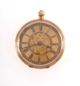 An 18ct gold lady's open-faced pocket watch the gold dial having a finely engraved centre,